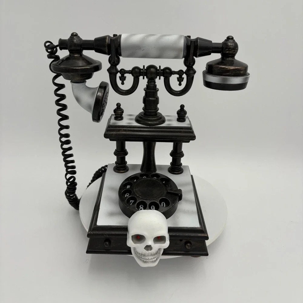 Gemmy Halloween Talking Victorian Skull White Telephone VIDEO Sounds Lights